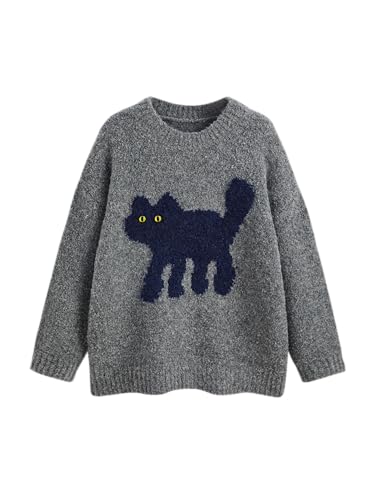 Image of CIDER Women's Cat Sweater Long Sleeve Crew Neck Fun Graphic Cute Patterned Chunky Pullover Sweater Tops