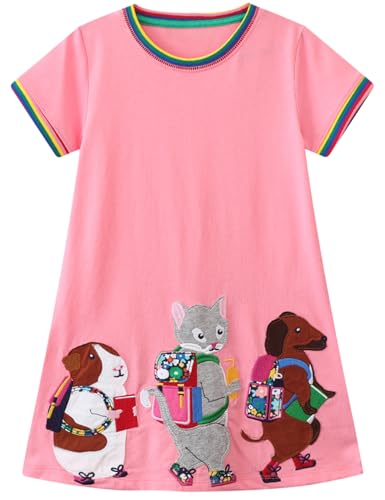 FreeLu Toddler Girls Striped Summer Dress Cartoon Appliques Dresses Girls Cotton Casual Clothing 2-7Y