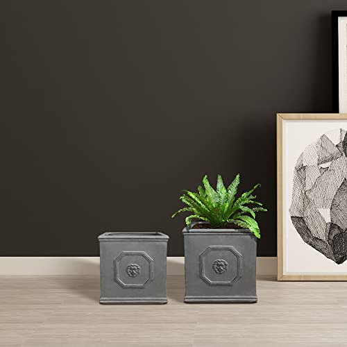 Kante Lightweight Classic Square English Style Lion Head Planter Set Of 2 10.2"X10.2"X10.2" And 12.5"X12.5"X12.5" Antique Gray #TOP4