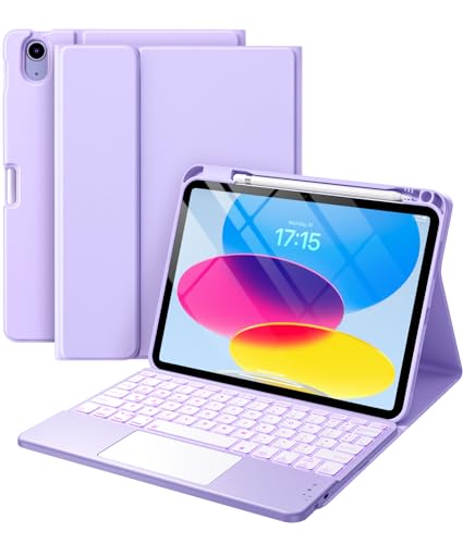 Harvopu Compatible for iPad 11th 10th Generation Case with Keyboard, Folio Cover with Pencil Holder, Multi-Touch Trackpad, 7 Color Backlit, Detachable Keyboard for iPad (A16) 11th/10th Gen (Purple)