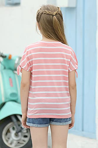 Image of GORLYA Girls Slit Sleeve Tie Knot Cuff Knit Tunic Top 4-14Y | Seamless knit, cold shoulder slit sleeves with tie-knot cuffs, solid & stripe options, ideal for school and casual outings.