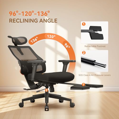 Image of Office Chair Ergonomic with Footrest, Auto-Following Lumbar Support, High Back Desk Chair with 4D Armrest,136 Tilt Lock, Adjustable Seat Depth & Heigh