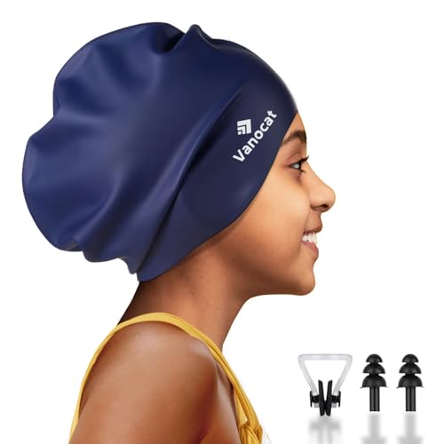Kids Extra Large Swim Cap for Long Hair, Waterproof Silicone Swimming...