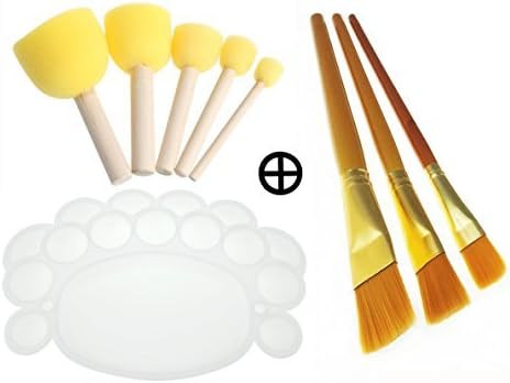 Kids Foam Sponge Wood Handle Paint Brush & Pointed Tip Nylon Hair artist acrylic brush & white Plastic palette tray complete Paint Tools for Watercolor Oil Painting,Acrylics,Stains,Varnishes,Crafts