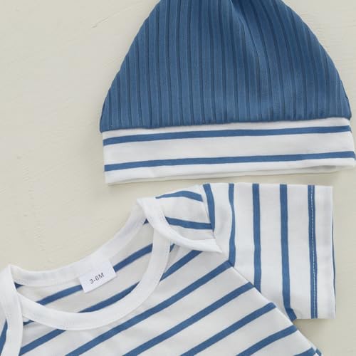 Newborn Baby Boy Summer Clothes Stripe Short Sleeve Romper Suspender Pants Hat 3Pcs Set Cute Coming Home Outfit2