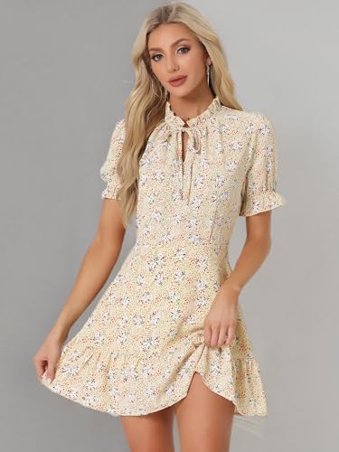 Image of Allegra K Womens Floral Chiffon Mini Dress Ruffle Hem Puff Short Sleeve