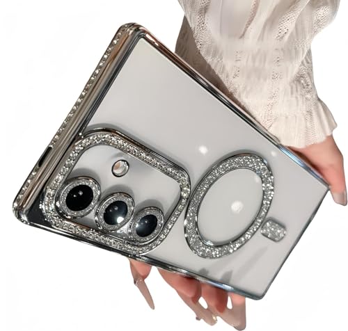 Image of for Samsung Galaxy Glitter Case,Luxury Bling Rhinestone Diamond Plated Bumper Case,MagSafe, Sparkle Camera Lens Protection Clear Back Cover (Silver, for Samsung Galaxy A25 5G)