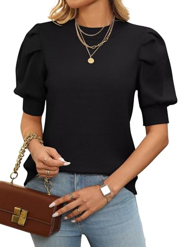 Image of Ahtyeo Women's Puff Short Sleeve Sweater Tops 2025 Spring Summer Trendy Crew Neck Casual T Shirts Pullover Blouses