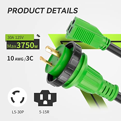 RVMATE Marine Shore Power Boat Adapter, 30amp Male to 15amp Female 18 inch 10AWG/3 Cord, STOW, black/green - Thumbnail 2