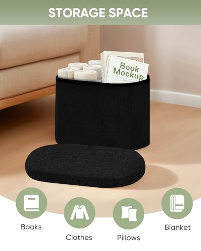 Image of B FSOBEIIALEO Storage Ottoman for Dorm Room, Boucle Folding Storage Ottoman Foot Rest, 16.14 Inches Small Collapsible Ottoman Cube for Living Room Black