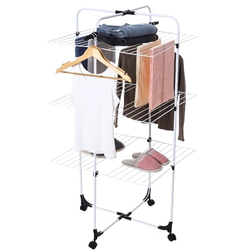 SHANN Tendedero de pie de Torre - Tendedero con 3 Pisos para secar 50 Prendas,con Ruedas facil de Mover,136x68cm Color Blanco