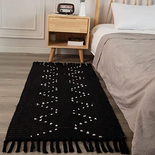 Breezsisan Boho Black Creamy Cotton Woven Kitchen Rugs Runner 2X4.3 Ft Area Throw Tassel Rug Geometric Morrocon Accent Bohemian Carpet For Front Door Porch Bathroom Bedroom Porch Hallway Kitchen #TOP15