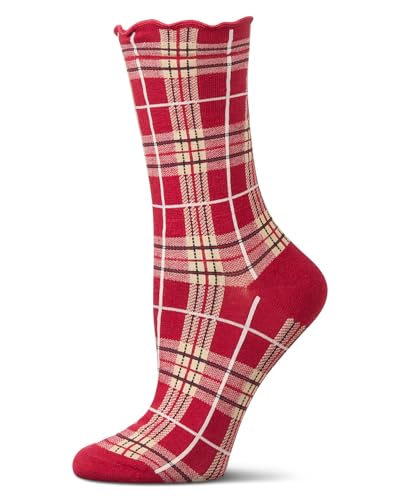 MeMoi Women's Classic Plaid Lettuce Edge Crew Socks