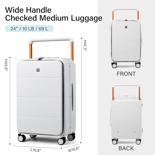 Image of Hanke Top Opening 24 Inch Luggage with Spinner Wheels, Aluminum Frame All-PC Hard Shell Medium Suitcase, Trunk Wide Handle Luggage for Travel, TSA Checked-Medium (Smoke White, 69L)