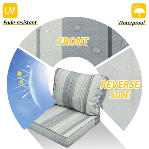 Image of AAAAAcessories Outdoor Seat Cushions for Chairs, Fade-Resistant, Waterproof Patio Furniture Replacement Cushions, 25.5 inch x 25.5 inch x 5 inch + 25.5 inch x 19 inch, Set of 2, Ash Blue Harbor Stripe