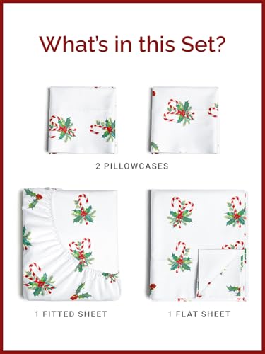 King Candy Cane Mistletoe Sheet Set - Holiday Xmas Pattern Bedding Set - Deep Pockets - Snug Fit - 4PC - Wrinkle Free & Easy Fit - Cozy Festive Winter - Holiday Sheets for Women, Men, Kids & Teens