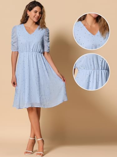 Image of Allegra K Chiffon Dress for Women's Metallic Stars Ruched Sleeve V Neck A-line Dress