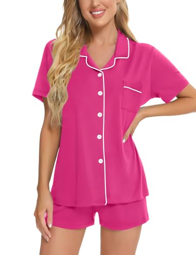 Image of SWOMOG Womens Button Down Pajamas Set Short Sleeve Sleepwear Bride Soft Pj Lounge Sets XS-3XL