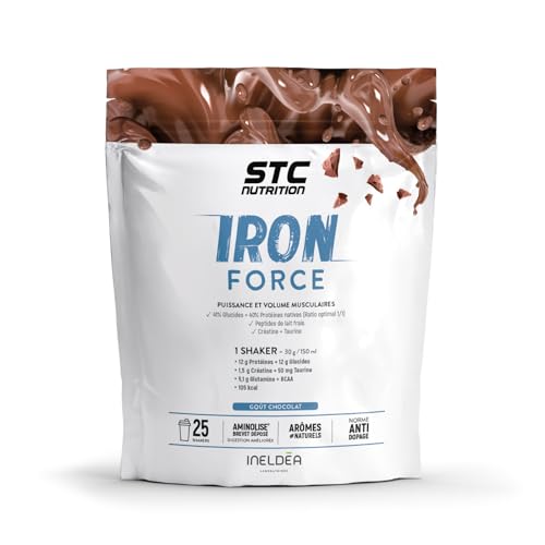 STC NUTRITION Iron Force, Protéines Glutamine Taurine Vitamines - Prise de Masse - Construction Musculaire - 100% Digeste - Sans Colorant ni Gluten - Chocolat, 25 Shakers - Marque Française
