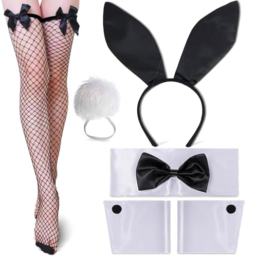 TYXJJ-BF Hasenohren Kostüm Set für Erwachsene Frauen, Sexy Bunny Girl Cosplay 5-teiliges Karneval Kostüm mit Haarband, Halskragen, Manschetten,...