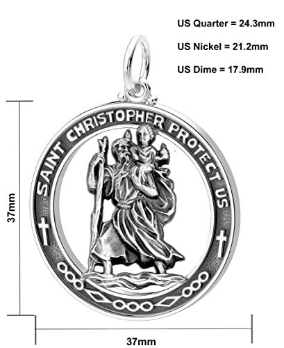 US Jewels Men's Large 925 Sterling Silver 39mm Saint Christopher Medal Pendant Necklace, 18in to 24in4