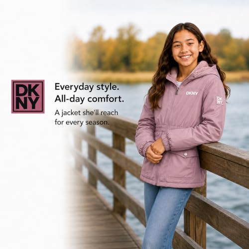 Image of DKNY Girls Midweight Jacket - Cozy Sherpa Fur Lined Water Resistant Hooded Anorak Windbreaker Zip Up Jacket for Girls