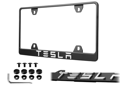 TESLA License Plate Frame Stealth Black Powder Coat UV Resistant Rust-Proof Steel Plate Holder - 1pc Compatible Model S 3 X Y & CyberTruck (3D SILVER ALLOY RAISED LETTER with MOUNTING HARDWARE)