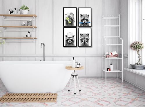 Image of Mira Mest Framed Bathroom Wall Decor | Funny Quotes & Cute Animal Art Prints | Quirky Toilet Signs & Guest Bath Decorations | Minimalist Black & White Washroom Signs | Ready to Hang Toilet Humor for Home & Powder Room (Racoon Set of 4)