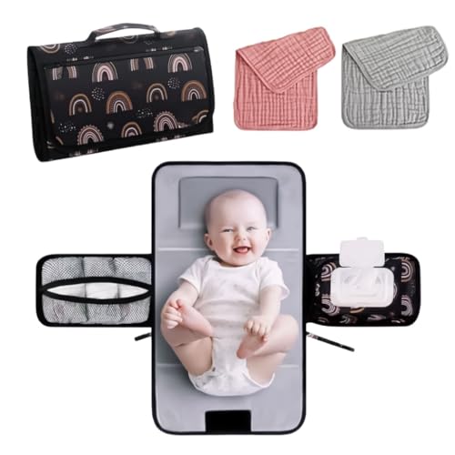 Portable Diaper Changing Pad,Expandable Baby Changing Mat, Compact Diaper Changer Travel Bag with Wipes Pockets, Water Resistance Infant Travel Station Kit with 2 Burp Cloths (Black)