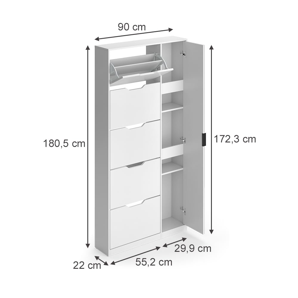 Vicco Zapatera abatible Luca, Blanco, 90 x 180.5 cm con 5 compartimentos basculantes y espejo