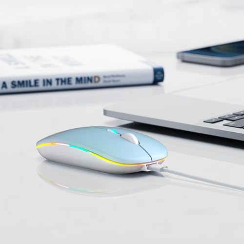 Image of Wireless Bluetooth Mouse, Rechargeable, LED, Silent, Ultra-thin Design (Bluetooth 5.2 and 2.4GHz USB Receiver) | Portable Computer Mouse for Laptops, iPads, MacBooks and Apple Devices (blue)