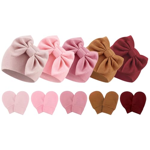 Image of Newborn Baby Hats and Mittens Set Infant Bow Beanie Cap Toddler Gloves Newborn Hospital Hats for Baby Boy Girl 0-12 Months