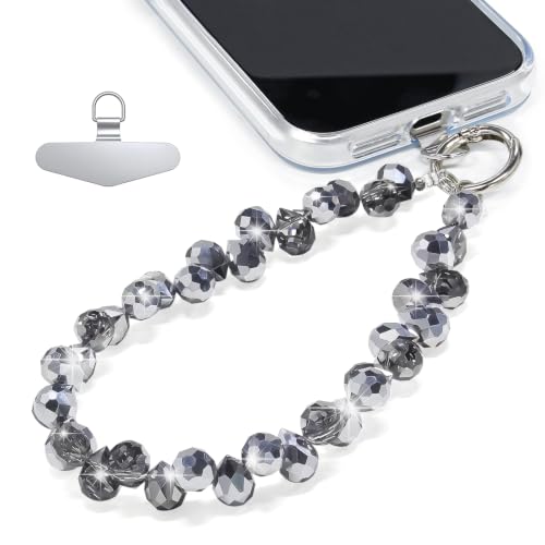 Image of TENOC Beaded Phone Wrist Strap, Dark Gray | Cellphone Lanyard Chain, Sparkling Wristlet Bracelet, Comes with Metal Phone Tether Tab, For Women
