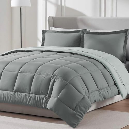 Image of FURBO Microfiber Reversible 200 GSM AC Comforter Set Double Bed with 2 Pillow Covers, Quilt for Double Bed King Size for All Season Comfort (90x100 Inches, Ash Grey & Pearl Grey)