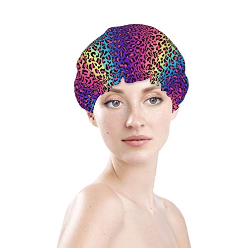 Cute Rainbow Leopard Colorful Modern Double Layers Shower Cap For Long Hair Shower Caps For Women Bath Cap Turban Sauna Shower Caps Waterproof Reusable