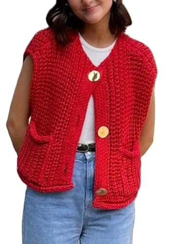 Image of UAURORAO Women Chunky Sweater Vest Button Down Crochet Cable Knit Cardigan Sleeveless Open Front Knitted Crop Waistcoat