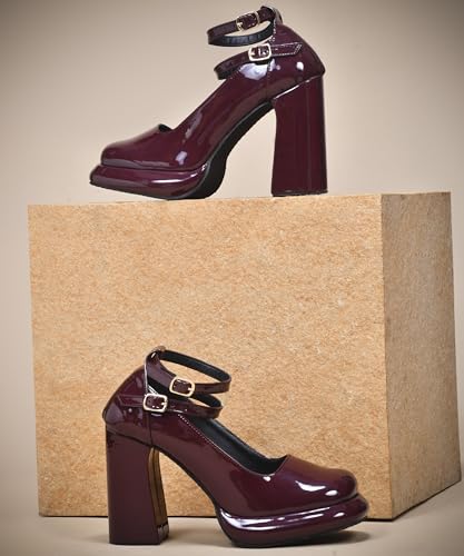 Image of FROH FEET Mary Jane Shoes Women Chunky Block Heels Mary Janes Dress Shoes for Women Close Cap Toe 5 Inch Women's Pumps Shoes with Buckle Double Strap Comfy Pumps for Office Party Casual Wedding