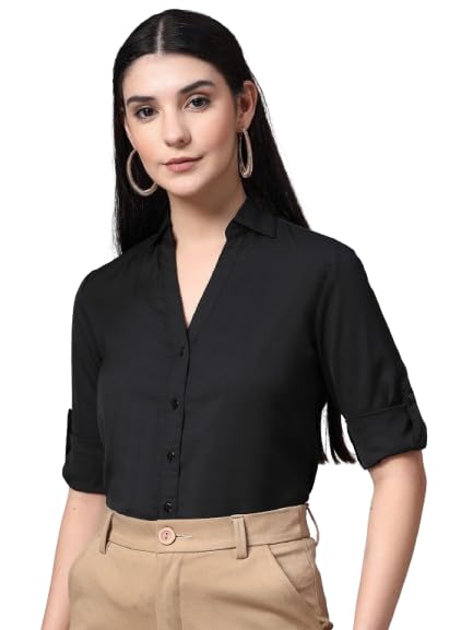 Image of Style Quotient Women Solid Navy Viscose Rayon Semi Formal Shirt