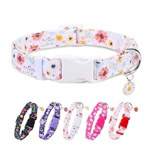 PUPTECK Cute Adjustable Dog Collar, Floral Pattern Design Puppy Collar for Small Medium Large Dog, Gift for Male Female Dogs, White