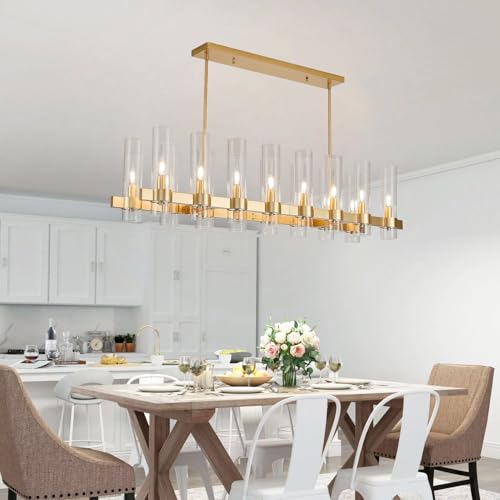 Vimatto Modern Gold Linear Chandelier, 50'' Rectangular 16-Light Lighting Fixture with Glass Shades, Adjustable Hanging Height, Over Dining Table for Dining Room, Kitchen Island