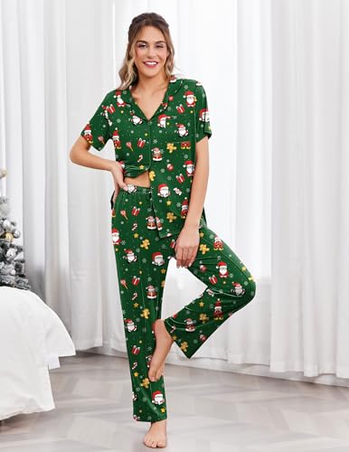 Image of Ekouaer Pajamas for Women Set Button Up Short Sleeve Pjs Sets With Pockets | Soft Womens Sleepwear,V Neck,Notch Collar,2 Piece Classic Loungewear With Long Pant for Sleep,Lounge,Fall
