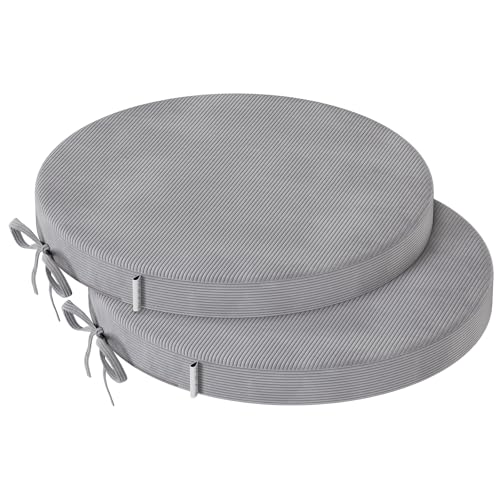 PRIMEPATIO Round Seat Cushions for Dining Chairs Set of 2, 5cm thick Bistro Chair Pads with Ties for Kitchen Garden Bar Hight Stool, Slip Resistant Indoor Outdoor Seat Cushion, 40x40cm, Light Grey