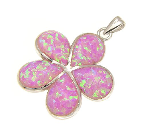 Arthur's Jewelry 925 Sterling silver pink synthetic opal Hawaiian plumeria flower pendant 25mm2
