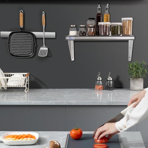 Image of HARDURA Stainless Steel Shelf 12 inch x 24 inch, 210lb Commercial Shelves Wall Mount Metal Shelving with Backsplash and Brackets for Kitchen, Restaurant, Laundry Room and Home