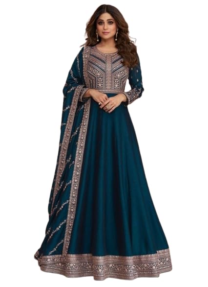 Women Floor Length Nivansh Fashion Dark Blue Anarkali Gown with Dupatta , Chinnon Fabric || Gown || Ethnic Wear Gown , 3XL-picture-49
