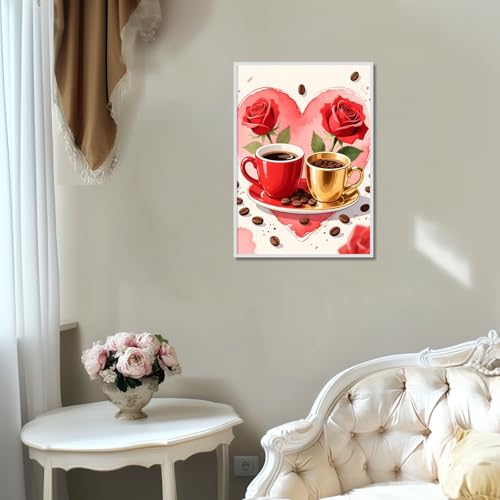 Image of AiYuanzsh Coffee Diamond Art Kits for Adults, Coffee Cups Roses Diamond Painting Kits for Beginners, 5D DIY Full Drill Round Rhinestone Gem Art Crafts Paintings for Home Wall Decor 12 inchx16 inch