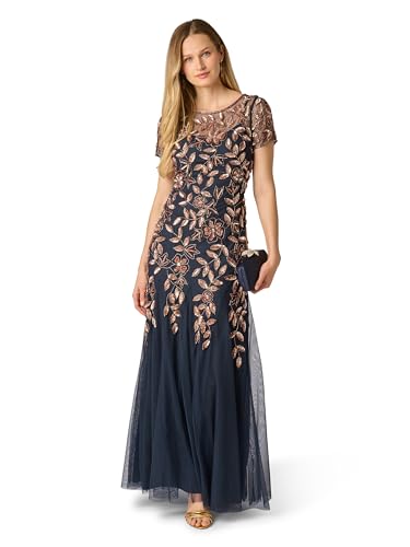 Image of Adrianna Papell Women's Beaded Gown with Godets - Floor Length Gown with Floral Embellishments & Cap Sleeves