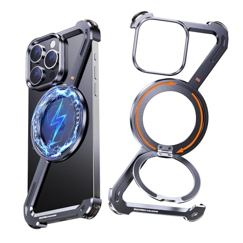 NIFBANG Z Shape for iPhone 16 Pro Max Phone Case,Frameless Metal Ring Stand,360°Rotating Magnetic Kickstand Protective Cover,Slim Shockproof Thin Bumper Cases for iPhone 16 Pro Max Cover(Night Black)