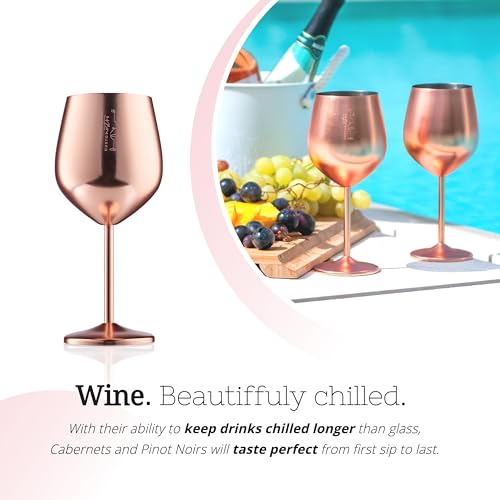 Gusto Nostro Stainless Steel Wine Glass - 18 oz - Unbreakable Rose Gold Wine Glasses for Travel, Camping and Pool - Fancy, Unique and Cool Portable Metal Wine Glass for Outdoor, Picnics (Set of 2)