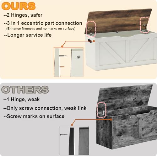 Timberer 39.4\" Storage Chest, Wooden Storage Bench, Large Storage Trunk with 2 Safety Hinges, Entryway Shoes Bench for Living Room, Bedroom, Brown and Rustic White - Thumbnail 4